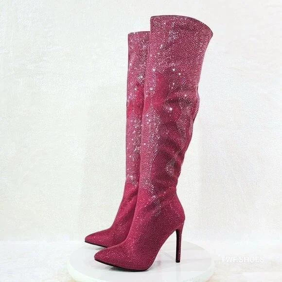 NIB Like It Hot Fuchsia Rhinestone Flame Detail Sexy OTK High Heel Thigh Boots - Picture 7 of 12